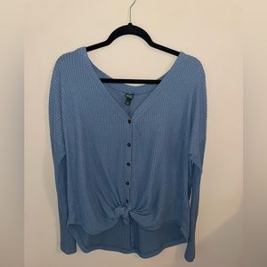 Blue Button Down Sweater Top with Tie Bottom